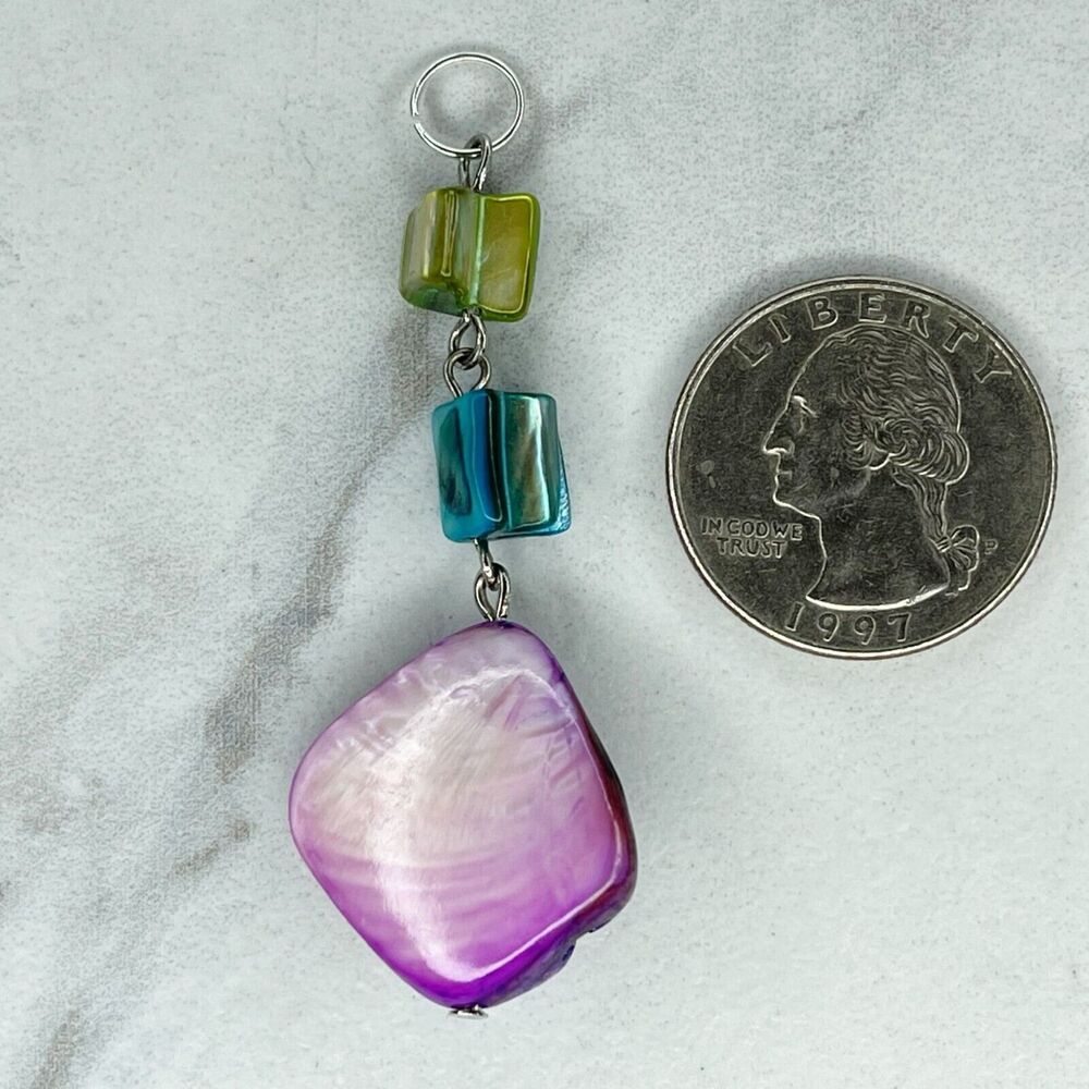 Silver Tone Purple Blue Green Shell Beaded Upcycled Pendant